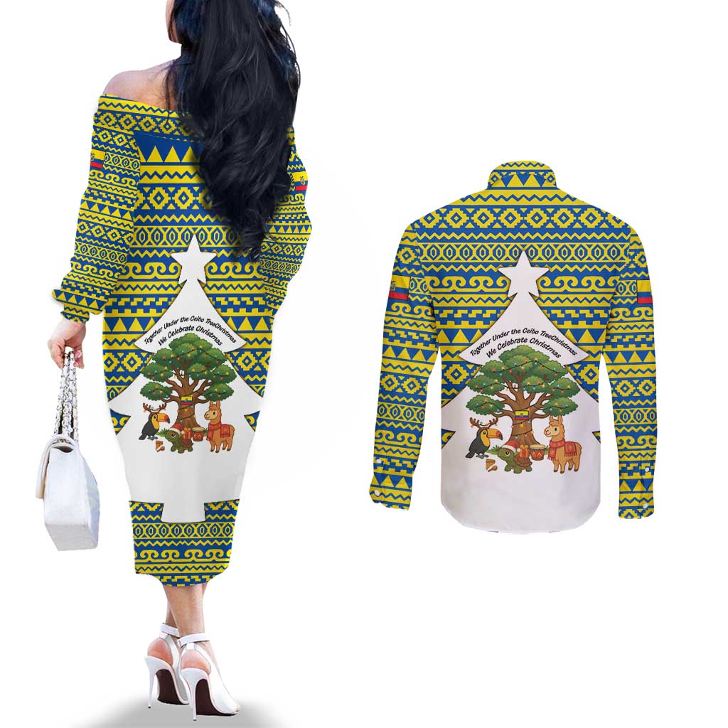 Ecuador Christmas Couples Matching Off The Shoulder Long Sleeve Dress and Long Sleeve Button Shirt with Ceibo Tree Llama Toucan and Traditional Yellow Blue Pattern Design - Wonder Print Shop