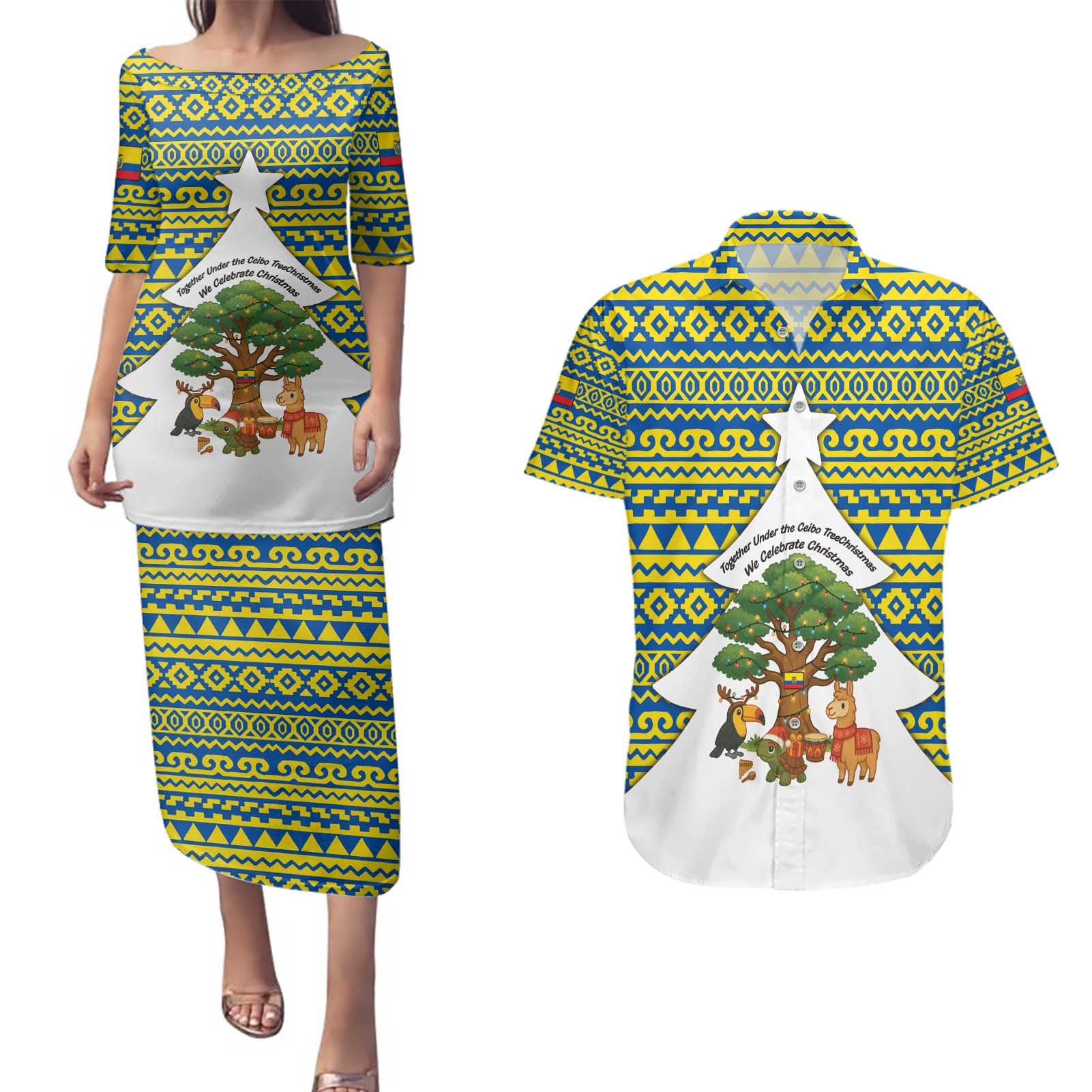 Ecuador Christmas Couples Matching Puletasi and Hawaiian Shirt with Ceibo Tree Llama Toucan and Traditional Yellow Blue Pattern Design - Wonder Print Shop