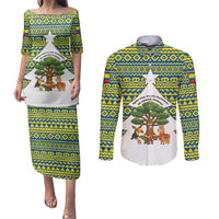 Ecuador Christmas Couples Matching Puletasi and Long Sleeve Button Shirt with Ceibo Tree Llama Toucan and Traditional Yellow Blue Pattern Design - Wonder Print Shop