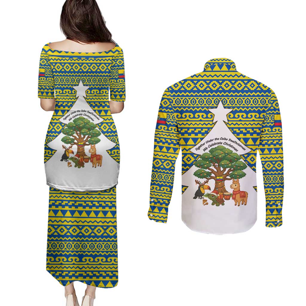 Ecuador Christmas Couples Matching Puletasi and Long Sleeve Button Shirt with Ceibo Tree Llama Toucan and Traditional Yellow Blue Pattern Design - Wonder Print Shop