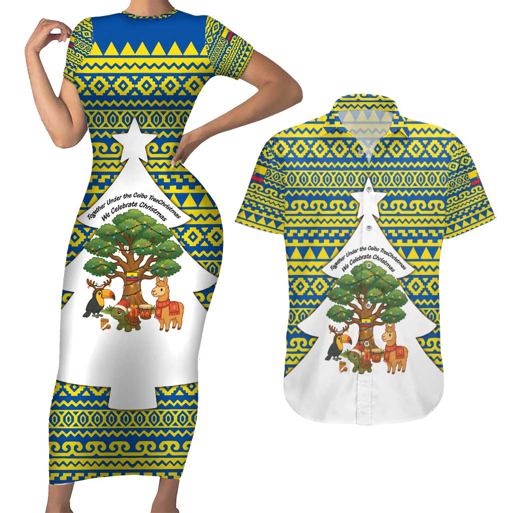 Ecuador Christmas Couples Matching Short Sleeve Bodycon Dress and Hawaiian Shirt with Ceibo Tree Llama Toucan and Traditional Yellow Blue Pattern Design - Wonder Print Shop