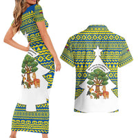 Ecuador Christmas Couples Matching Short Sleeve Bodycon Dress and Hawaiian Shirt with Ceibo Tree Llama Toucan and Traditional Yellow Blue Pattern Design - Wonder Print Shop