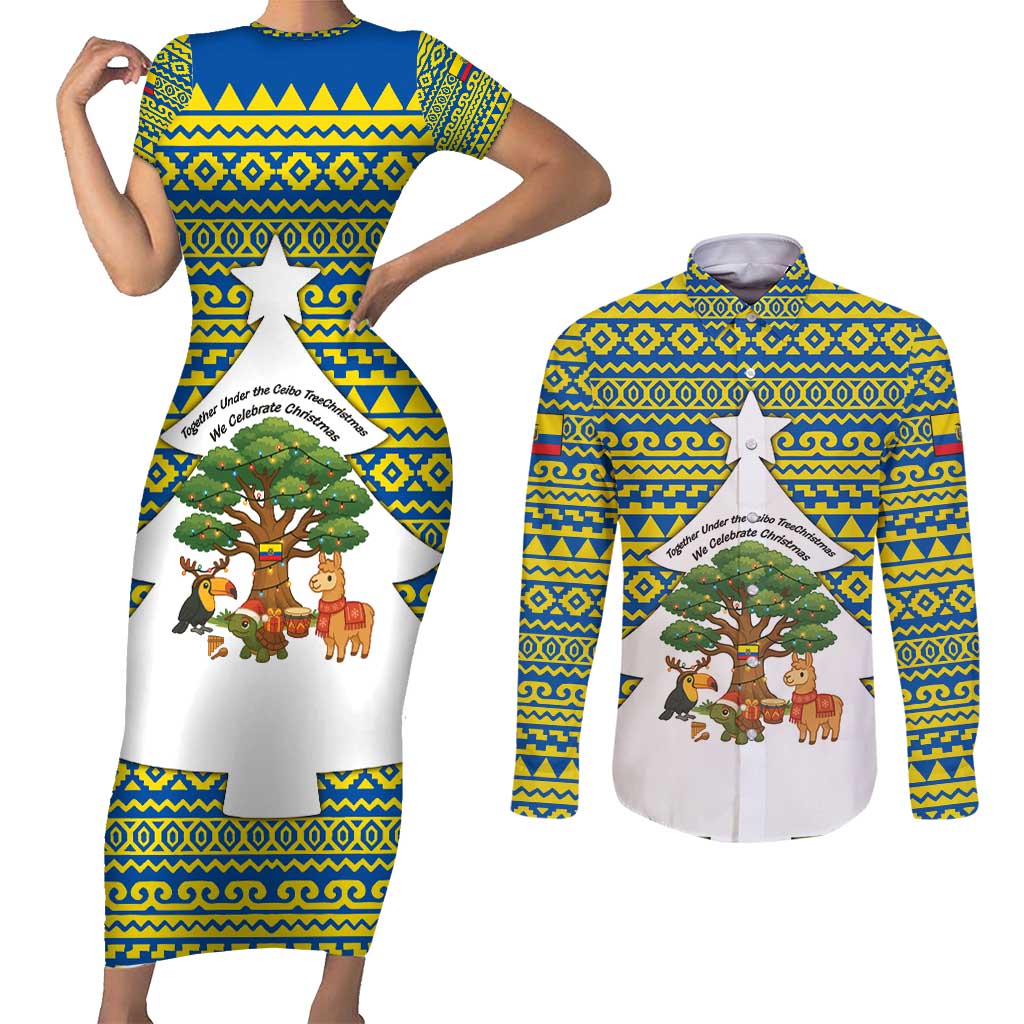 Ecuador Christmas Couples Matching Short Sleeve Bodycon Dress and Long Sleeve Button Shirt with Ceibo Tree Llama Toucan and Traditional Yellow Blue Pattern Design - Wonder Print Shop