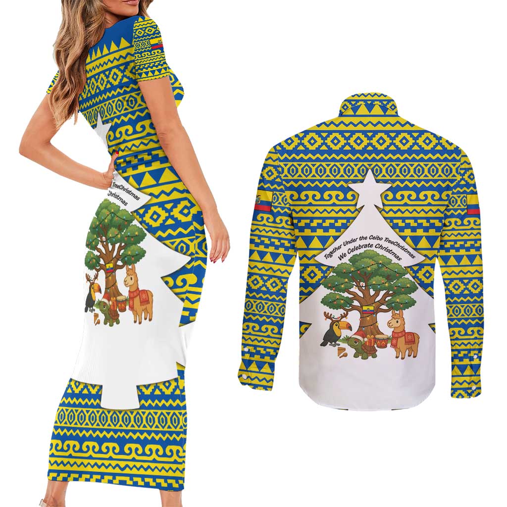 Ecuador Christmas Couples Matching Short Sleeve Bodycon Dress and Long Sleeve Button Shirt with Ceibo Tree Llama Toucan and Traditional Yellow Blue Pattern Design - Wonder Print Shop