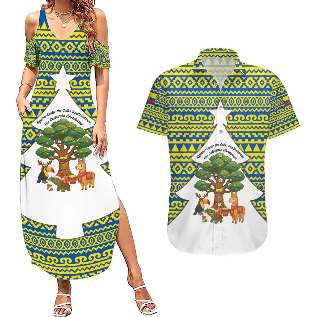 Ecuador Christmas Couples Matching Summer Maxi Dress and Hawaiian Shirt with Ceibo Tree Llama Toucan and Traditional Yellow Blue Pattern Design - Wonder Print Shop