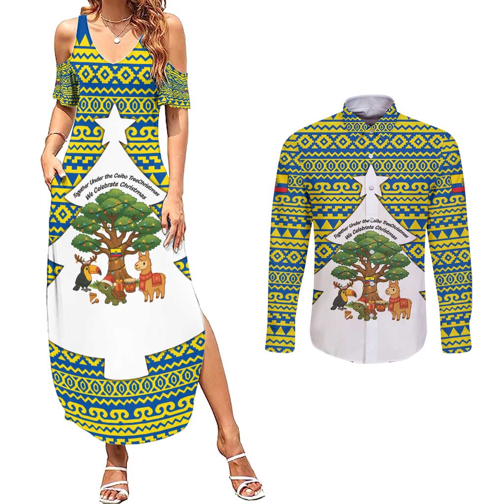 Ecuador Christmas Couples Matching Summer Maxi Dress and Long Sleeve Button Shirt with Ceibo Tree Llama Toucan and Traditional Yellow Blue Pattern Design - Wonder Print Shop