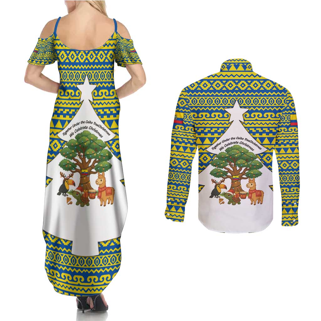 Ecuador Christmas Couples Matching Summer Maxi Dress and Long Sleeve Button Shirt with Ceibo Tree Llama Toucan and Traditional Yellow Blue Pattern Design - Wonder Print Shop