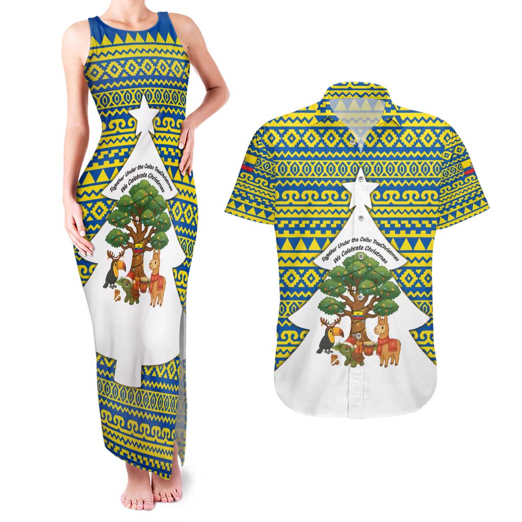Ecuador Christmas Couples Matching Tank Maxi Dress and Hawaiian Shirt with Ceibo Tree Llama Toucan and Traditional Yellow Blue Pattern Design - Wonder Print Shop