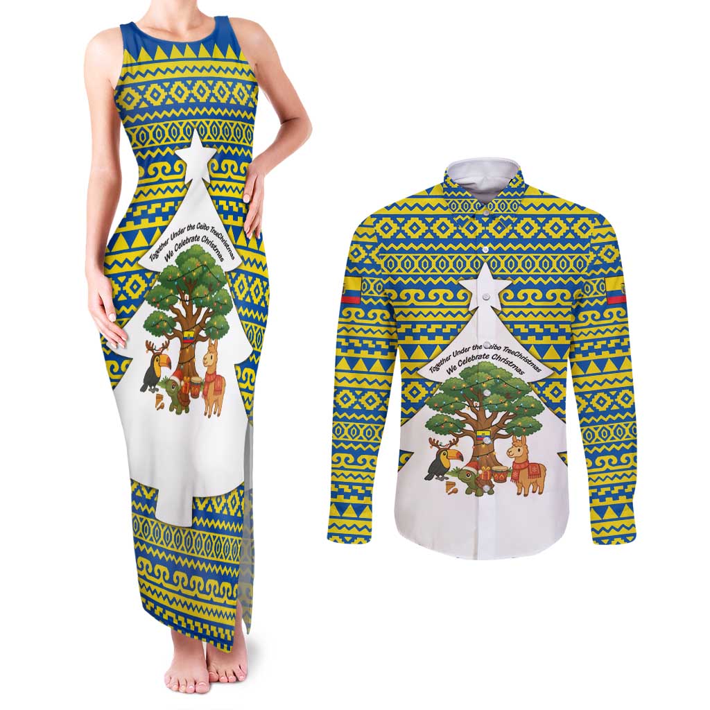 Ecuador Christmas Couples Matching Tank Maxi Dress and Long Sleeve Button Shirt with Ceibo Tree Llama Toucan and Traditional Yellow Blue Pattern Design - Wonder Print Shop
