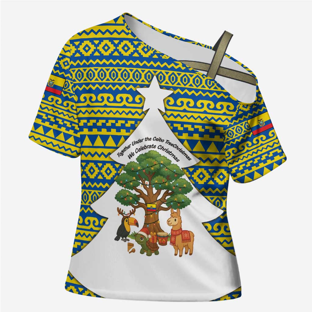 Ecuador Christmas Cross Shoulder Shirt with Ceibo Tree Llama Toucan and Traditional Yellow Blue Pattern Design - Wonder Print Shop