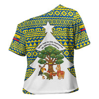 Ecuador Christmas Cross Shoulder Shirt with Ceibo Tree Llama Toucan and Traditional Yellow Blue Pattern Design - Wonder Print Shop