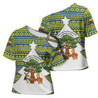 Ecuador Christmas Cross Shoulder Shirt with Ceibo Tree Llama Toucan and Traditional Yellow Blue Pattern Design - Wonder Print Shop