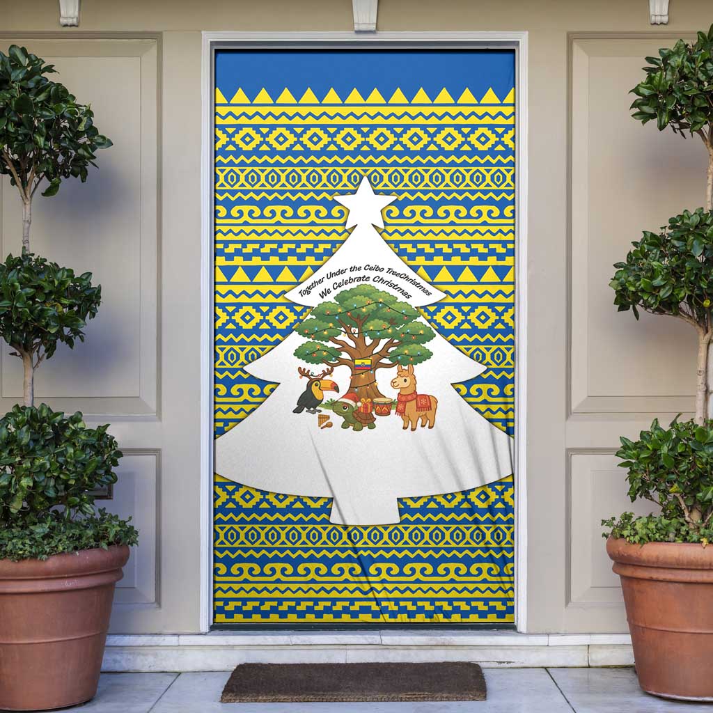 Ecuador Christmas Door Cover with Ceibo Tree Llama Toucan and Traditional Yellow Blue Pattern Design - Wonder Print Shop