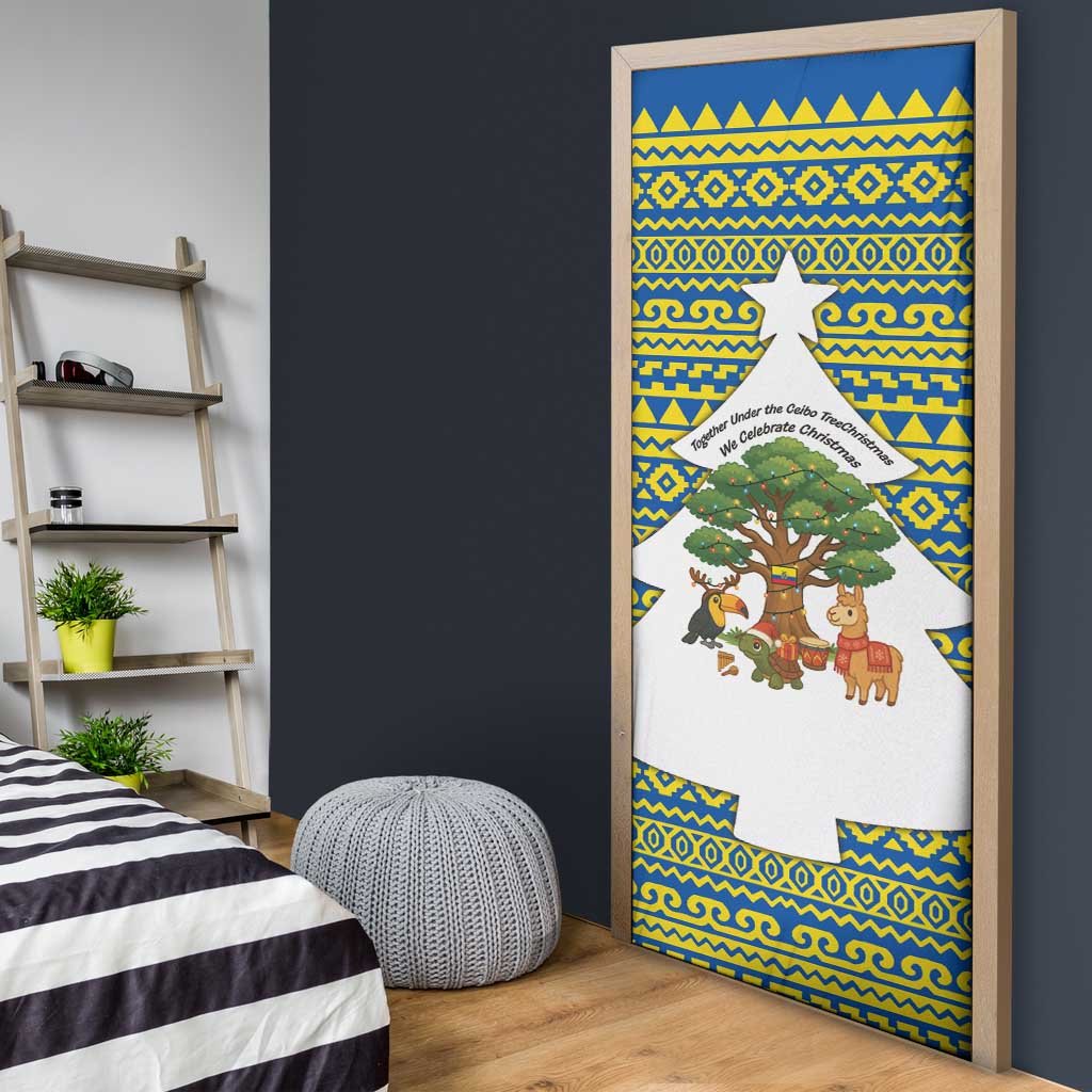 Ecuador Christmas Door Cover with Ceibo Tree Llama Toucan and Traditional Yellow Blue Pattern Design - Wonder Print Shop