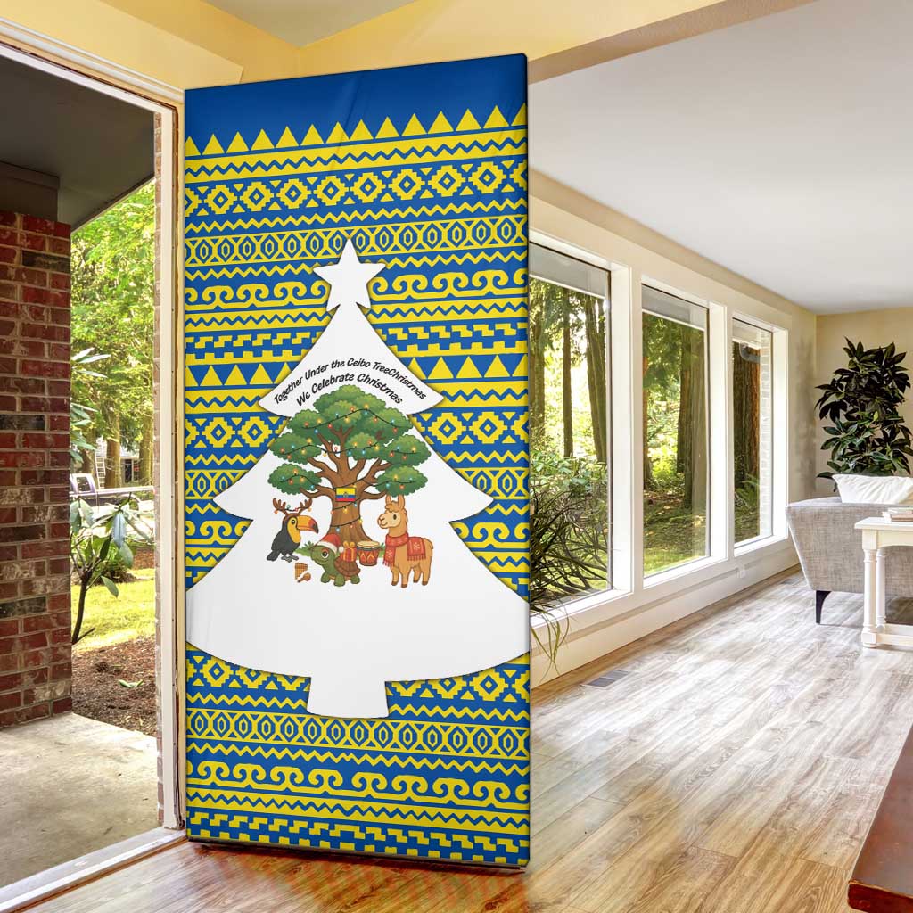 Ecuador Christmas Door Cover with Ceibo Tree Llama Toucan and Traditional Yellow Blue Pattern Design - Wonder Print Shop