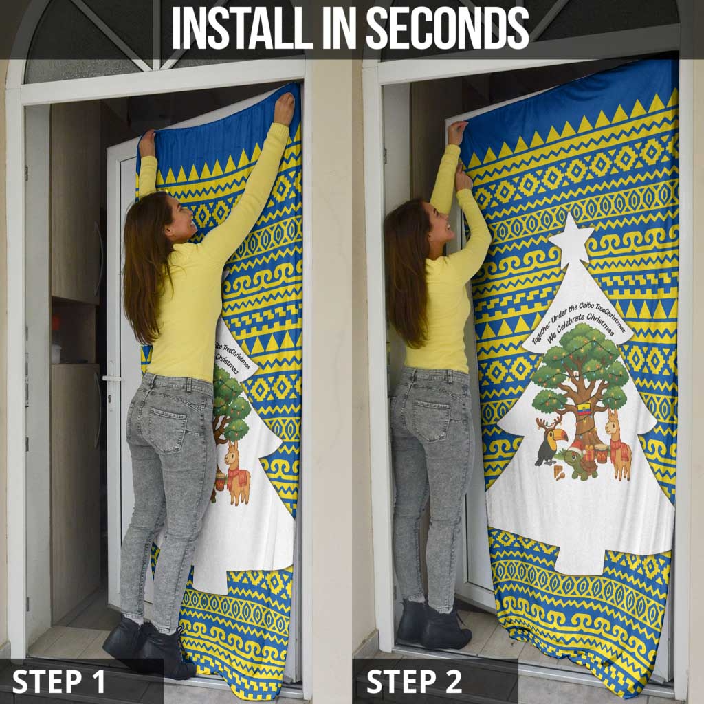 Ecuador Christmas Door Cover with Ceibo Tree Llama Toucan and Traditional Yellow Blue Pattern Design - Wonder Print Shop