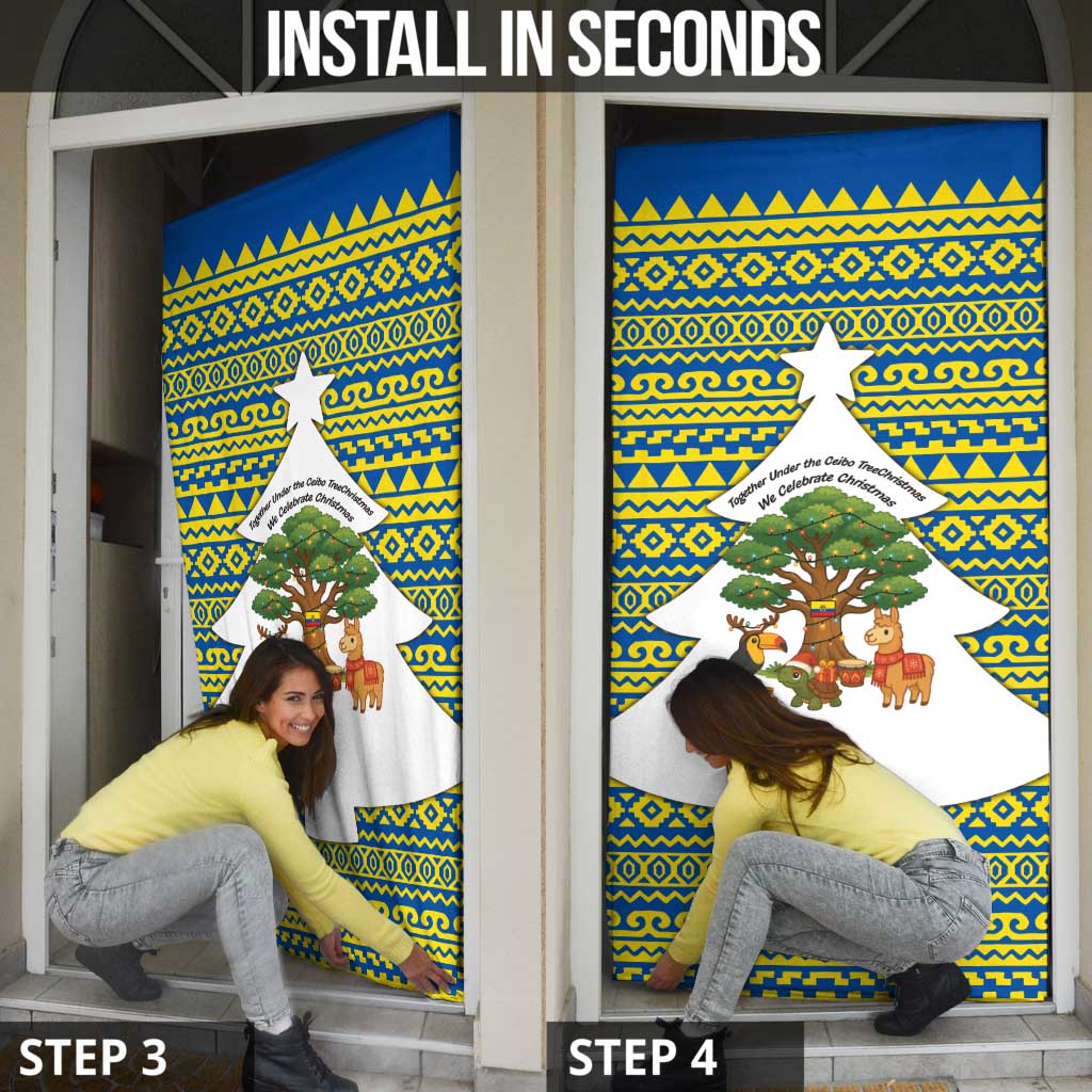 Ecuador Christmas Door Cover with Ceibo Tree Llama Toucan and Traditional Yellow Blue Pattern Design - Wonder Print Shop