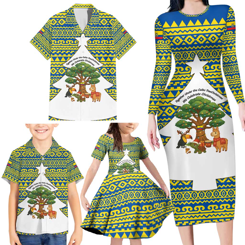 Ecuador Christmas Family Matching Long Sleeve Bodycon Dress and Hawaiian Shirt with Ceibo Tree Llama Toucan and Traditional Yellow Blue Pattern Design - Wonder Print Shop