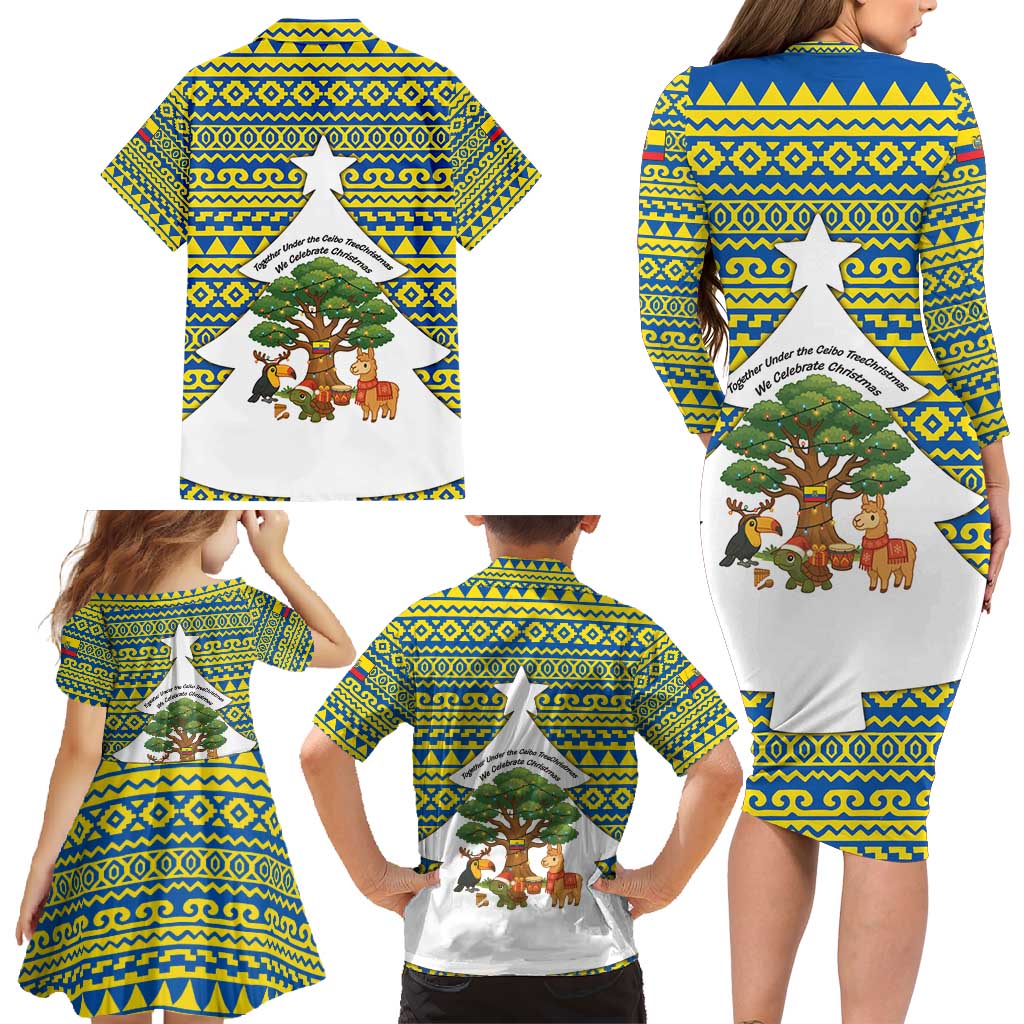 Ecuador Christmas Family Matching Long Sleeve Bodycon Dress and Hawaiian Shirt with Ceibo Tree Llama Toucan and Traditional Yellow Blue Pattern Design - Wonder Print Shop