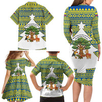 Ecuador Christmas Family Matching Long Sleeve Bodycon Dress and Hawaiian Shirt with Ceibo Tree Llama Toucan and Traditional Yellow Blue Pattern Design - Wonder Print Shop