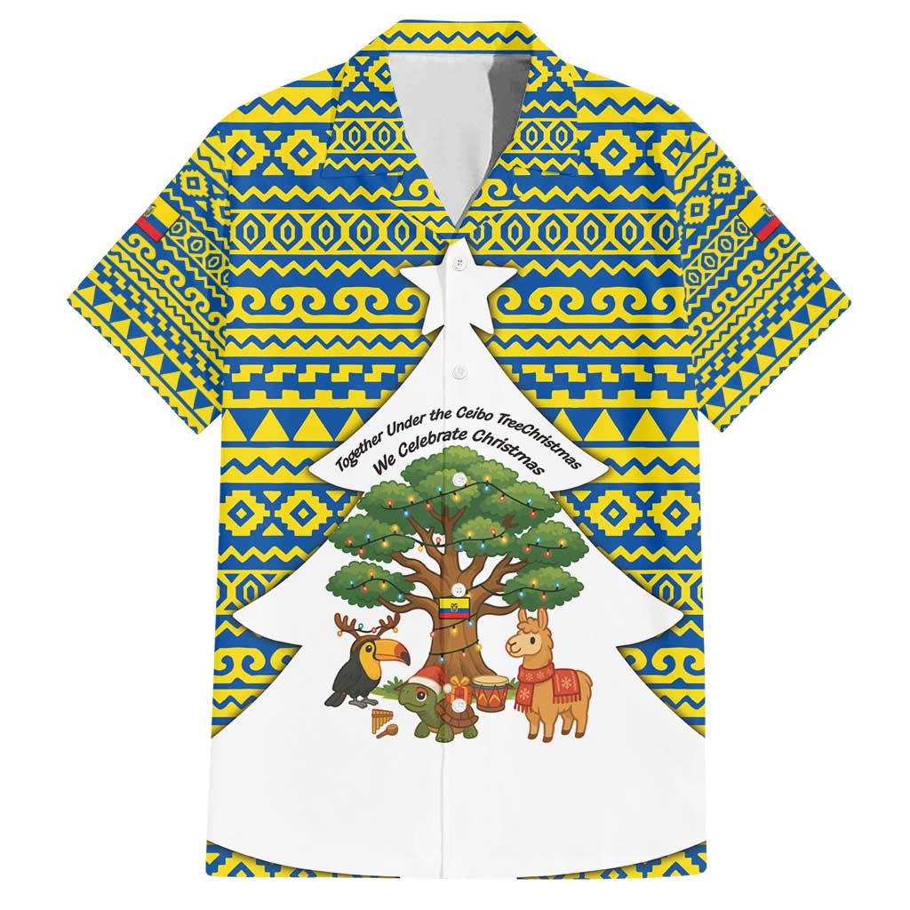 Ecuador Christmas Family Matching Long Sleeve Bodycon Dress and Hawaiian Shirt with Ceibo Tree Llama Toucan and Traditional Yellow Blue Pattern Design - Wonder Print Shop