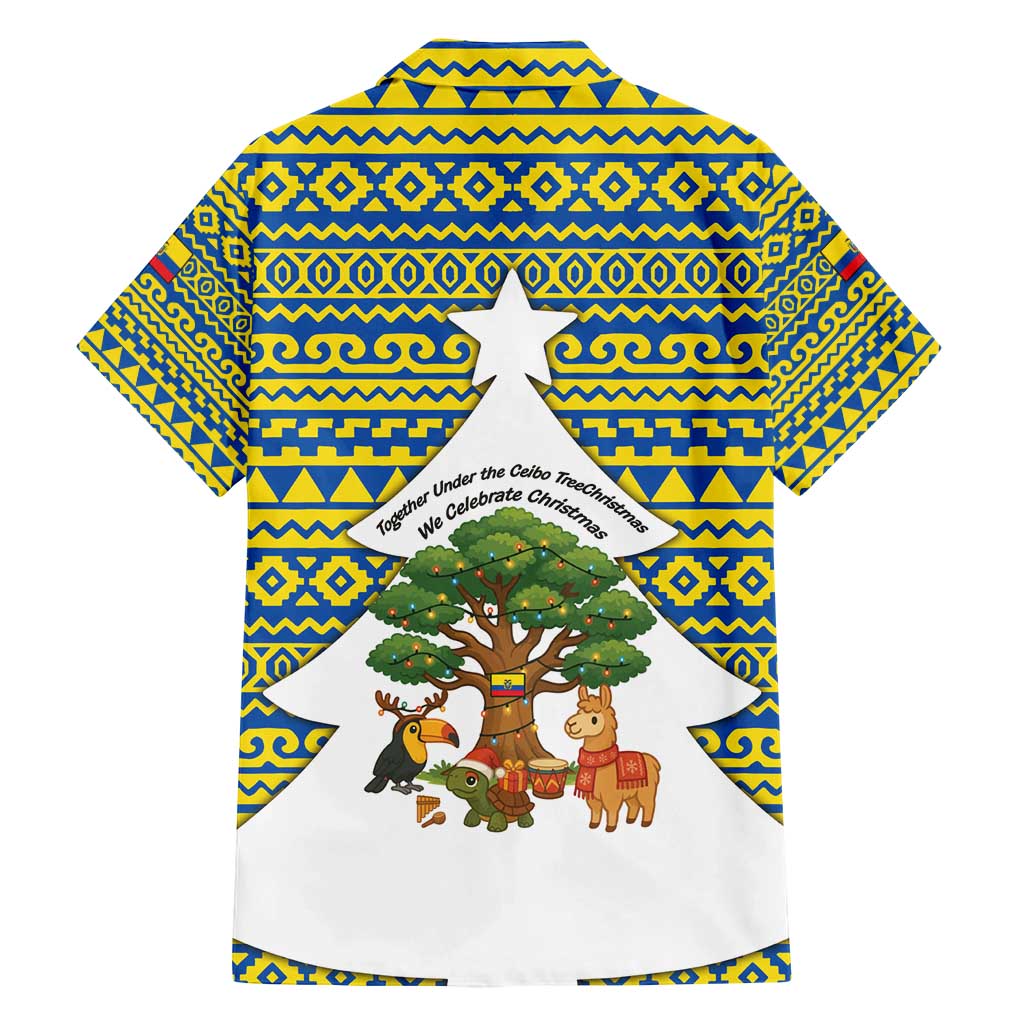 Ecuador Christmas Family Matching Long Sleeve Bodycon Dress and Hawaiian Shirt with Ceibo Tree Llama Toucan and Traditional Yellow Blue Pattern Design - Wonder Print Shop