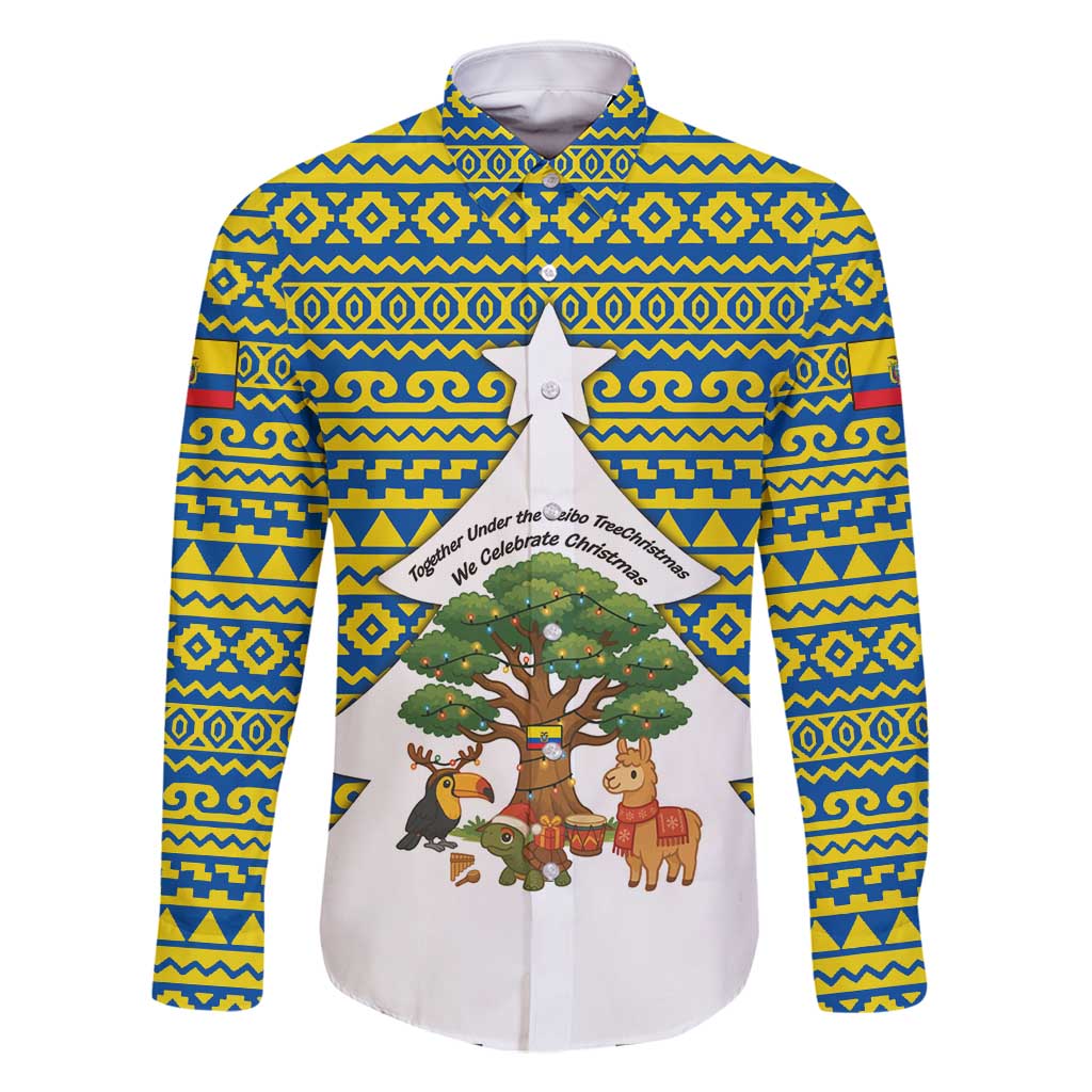 Ecuador Christmas Family Matching Long Sleeve Bodycon Dress and Hawaiian Shirt with Ceibo Tree Llama Toucan and Traditional Yellow Blue Pattern Design - Wonder Print Shop