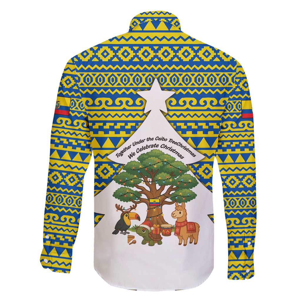 Ecuador Christmas Family Matching Long Sleeve Bodycon Dress and Hawaiian Shirt with Ceibo Tree Llama Toucan and Traditional Yellow Blue Pattern Design - Wonder Print Shop
