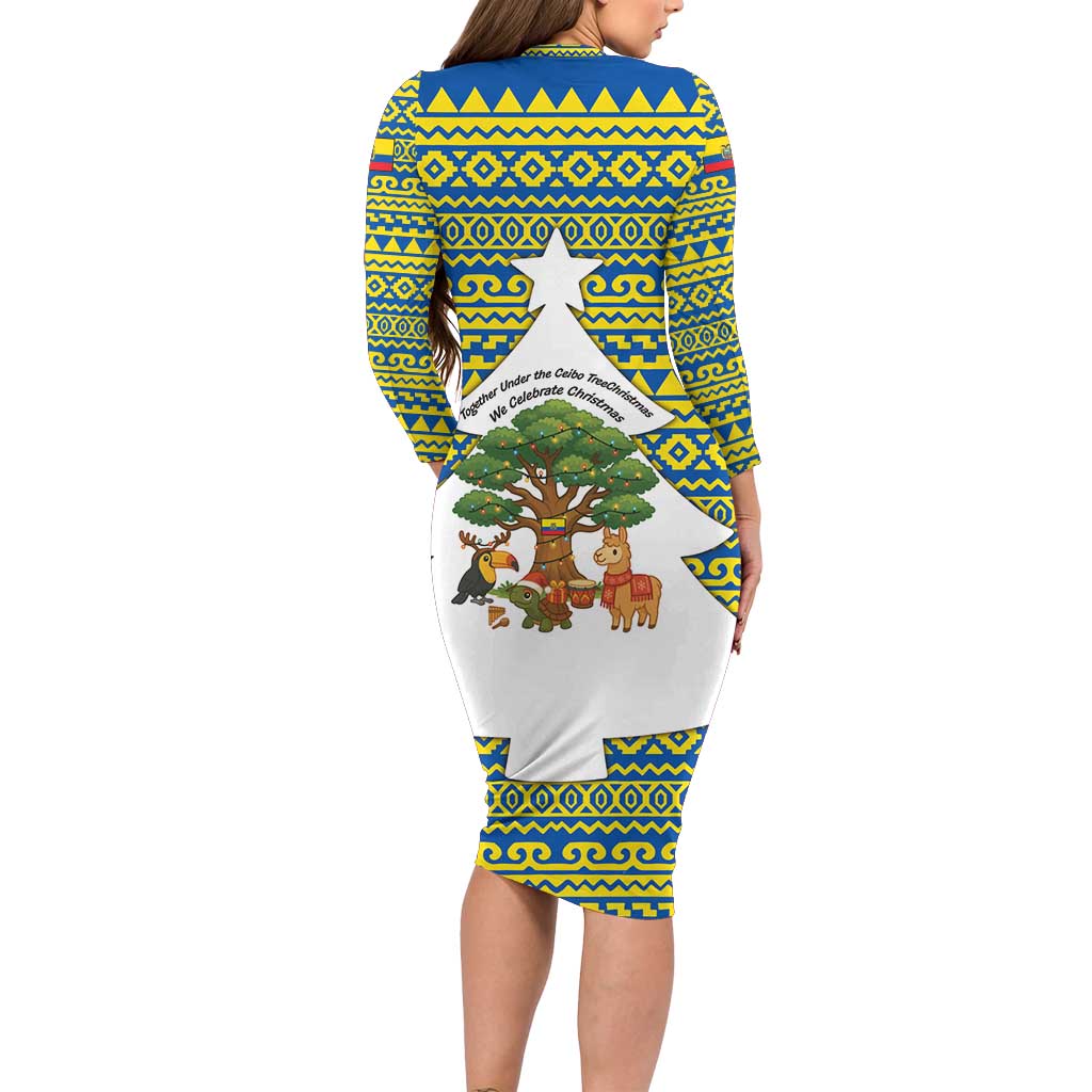 Ecuador Christmas Family Matching Long Sleeve Bodycon Dress and Hawaiian Shirt with Ceibo Tree Llama Toucan and Traditional Yellow Blue Pattern Design - Wonder Print Shop