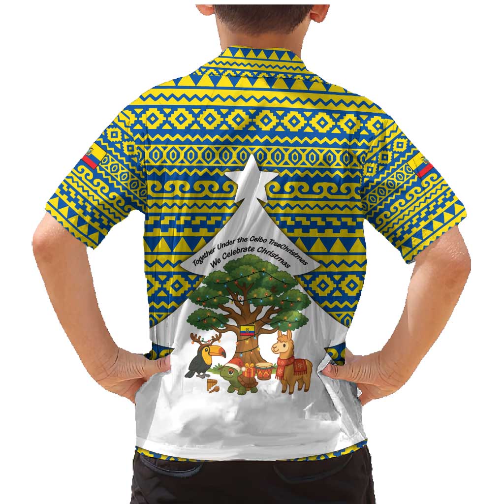 Ecuador Christmas Family Matching Mermaid Dress and Hawaiian Shirt with Ceibo Tree Llama Toucan and Traditional Yellow Blue Pattern Design - Wonder Print Shop