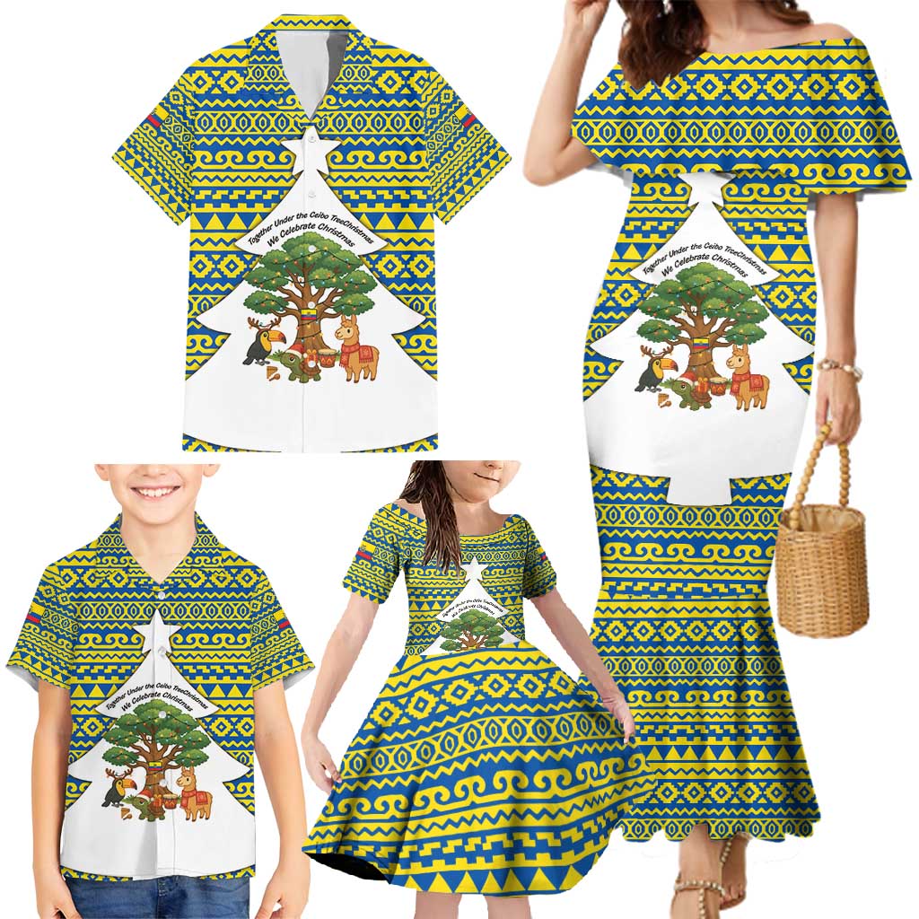 Ecuador Christmas Family Matching Mermaid Dress and Hawaiian Shirt with Ceibo Tree Llama Toucan and Traditional Yellow Blue Pattern Design - Wonder Print Shop