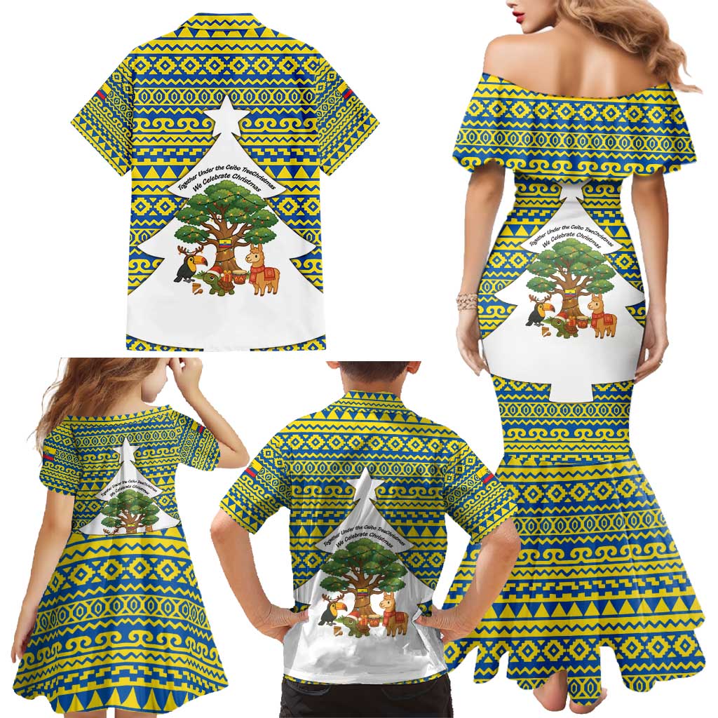 Ecuador Christmas Family Matching Mermaid Dress and Hawaiian Shirt with Ceibo Tree Llama Toucan and Traditional Yellow Blue Pattern Design - Wonder Print Shop