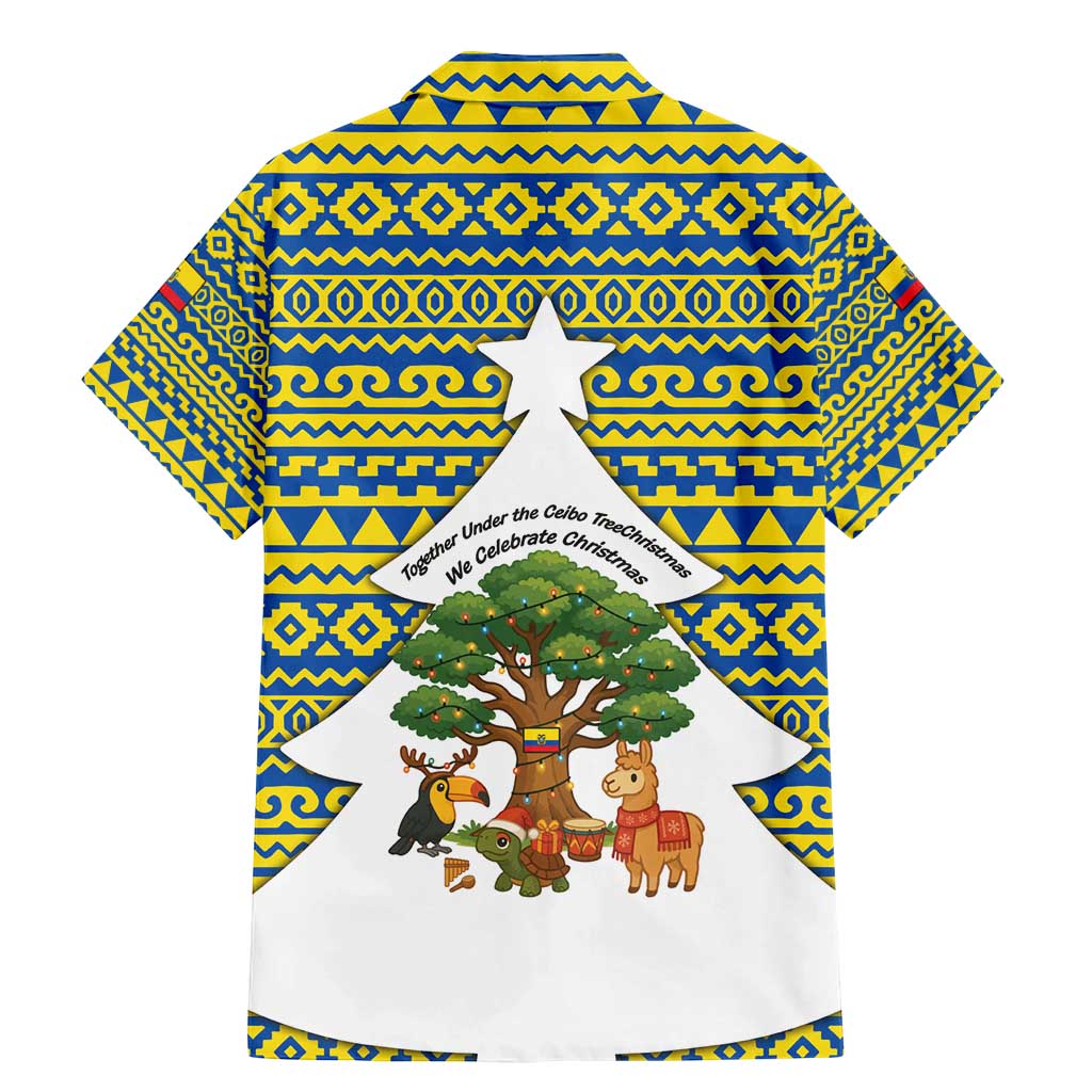 Ecuador Christmas Family Matching Mermaid Dress and Hawaiian Shirt with Ceibo Tree Llama Toucan and Traditional Yellow Blue Pattern Design - Wonder Print Shop