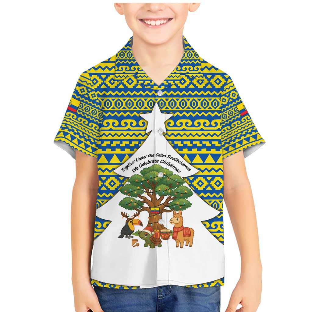 Ecuador Christmas Family Matching Mermaid Dress and Hawaiian Shirt with Ceibo Tree Llama Toucan and Traditional Yellow Blue Pattern Design - Wonder Print Shop