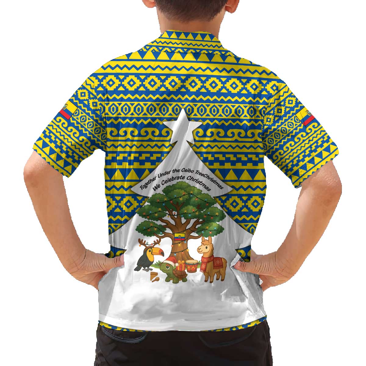Ecuador Christmas Family Matching Off The Shoulder Long Sleeve Dress and Hawaiian Shirt with Ceibo Tree Llama Toucan and Traditional Yellow Blue Pattern Design - Wonder Print Shop