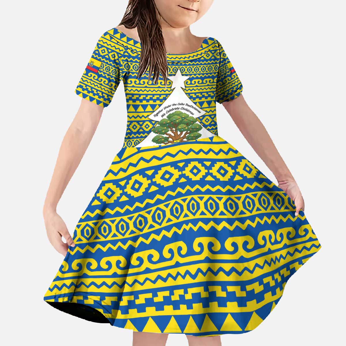 Ecuador Christmas Family Matching Off The Shoulder Long Sleeve Dress and Hawaiian Shirt with Ceibo Tree Llama Toucan and Traditional Yellow Blue Pattern Design - Wonder Print Shop