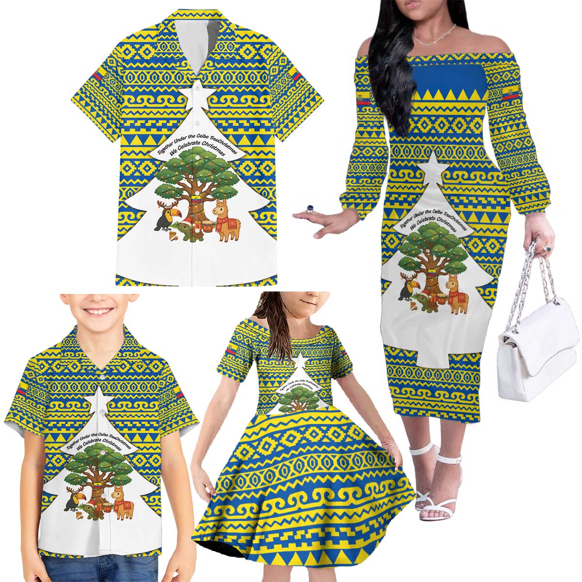 Ecuador Christmas Family Matching Off The Shoulder Long Sleeve Dress and Hawaiian Shirt with Ceibo Tree Llama Toucan and Traditional Yellow Blue Pattern Design - Wonder Print Shop