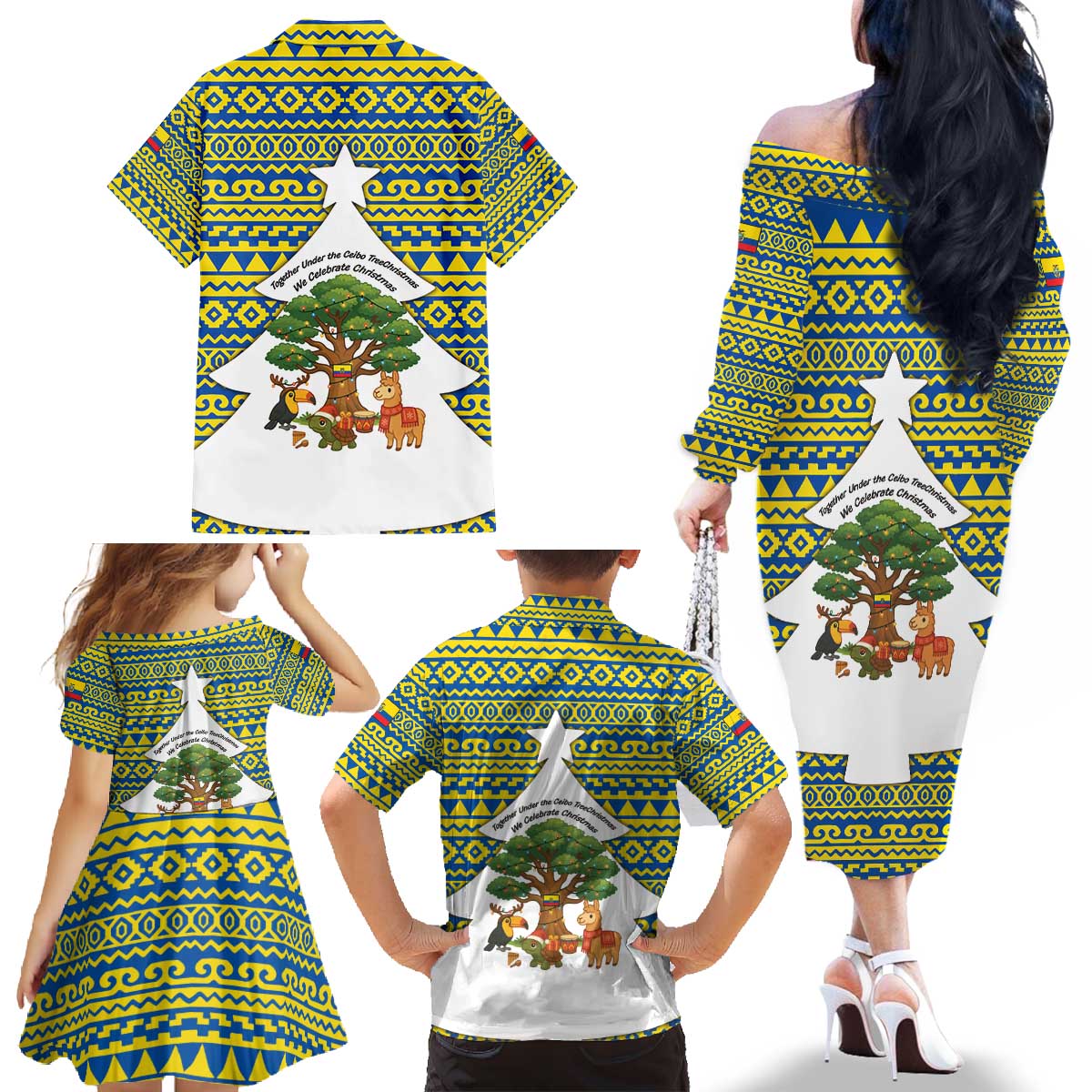 Ecuador Christmas Family Matching Off The Shoulder Long Sleeve Dress and Hawaiian Shirt with Ceibo Tree Llama Toucan and Traditional Yellow Blue Pattern Design - Wonder Print Shop