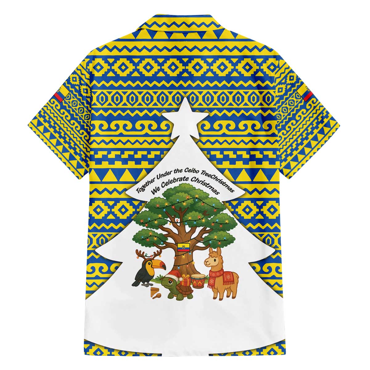 Ecuador Christmas Family Matching Off The Shoulder Long Sleeve Dress and Hawaiian Shirt with Ceibo Tree Llama Toucan and Traditional Yellow Blue Pattern Design - Wonder Print Shop