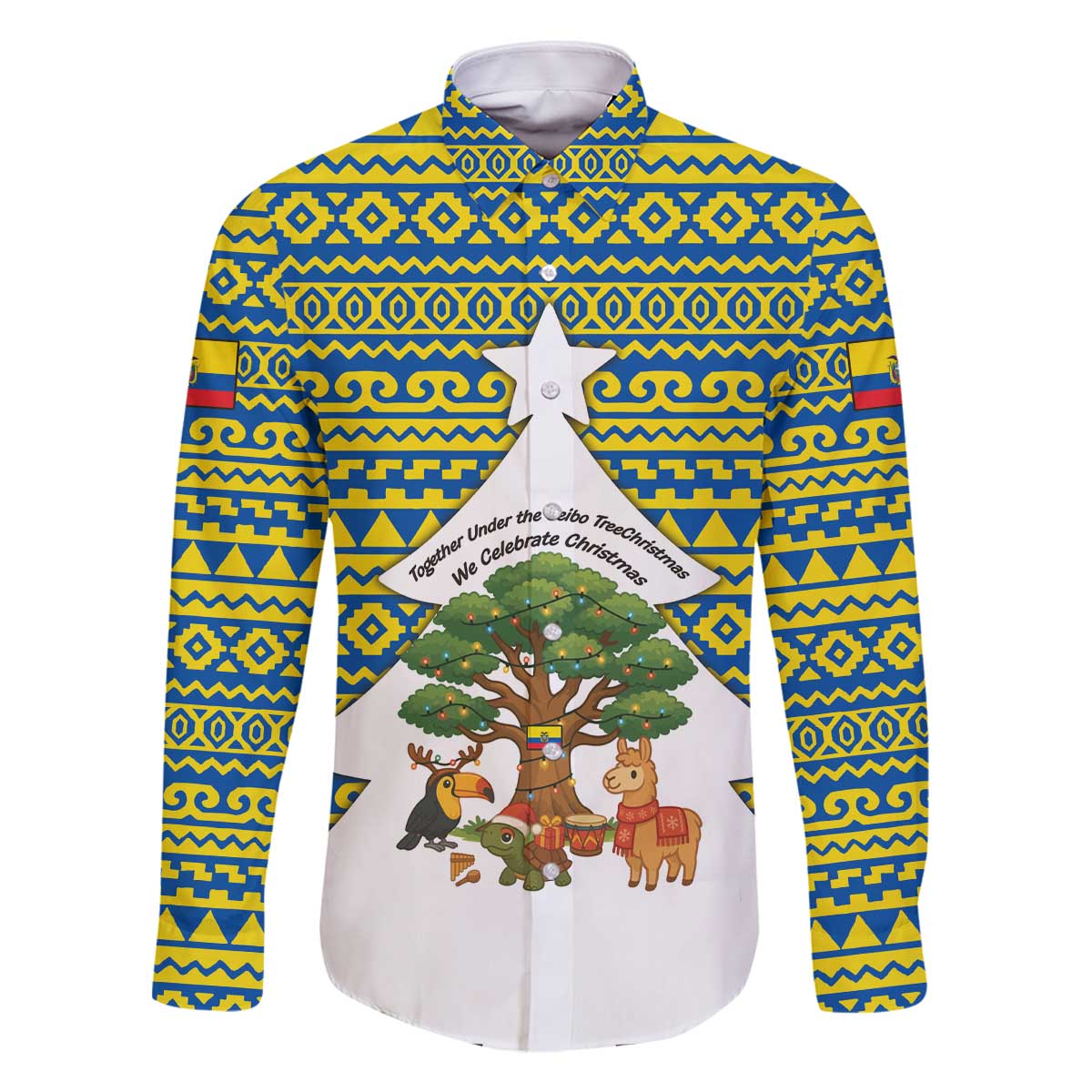 Ecuador Christmas Family Matching Off The Shoulder Long Sleeve Dress and Hawaiian Shirt with Ceibo Tree Llama Toucan and Traditional Yellow Blue Pattern Design - Wonder Print Shop