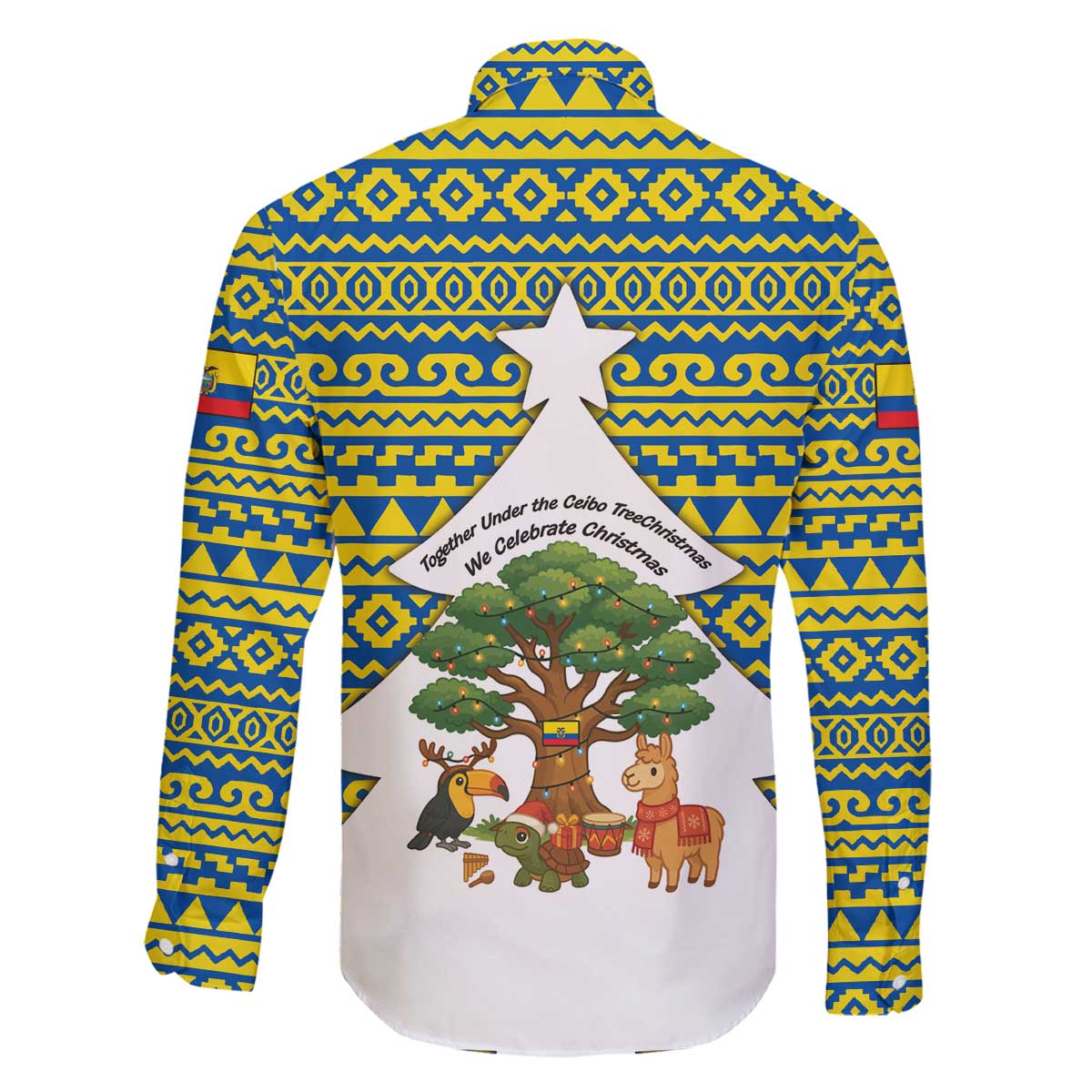 Ecuador Christmas Family Matching Off The Shoulder Long Sleeve Dress and Hawaiian Shirt with Ceibo Tree Llama Toucan and Traditional Yellow Blue Pattern Design - Wonder Print Shop