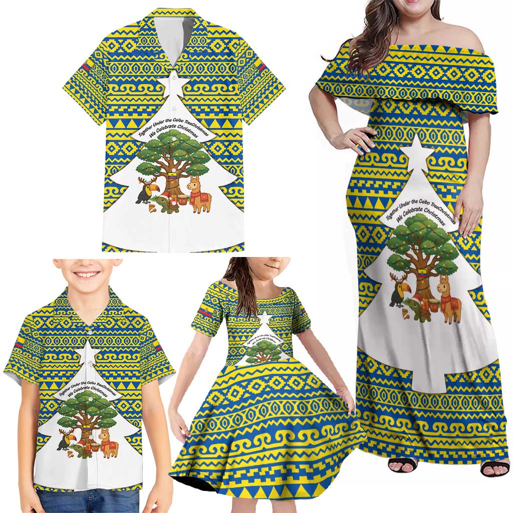 Ecuador Christmas Family Matching Off Shoulder Maxi Dress and Hawaiian Shirt with Ceibo Tree Llama Toucan and Traditional Yellow Blue Pattern Design - Wonder Print Shop