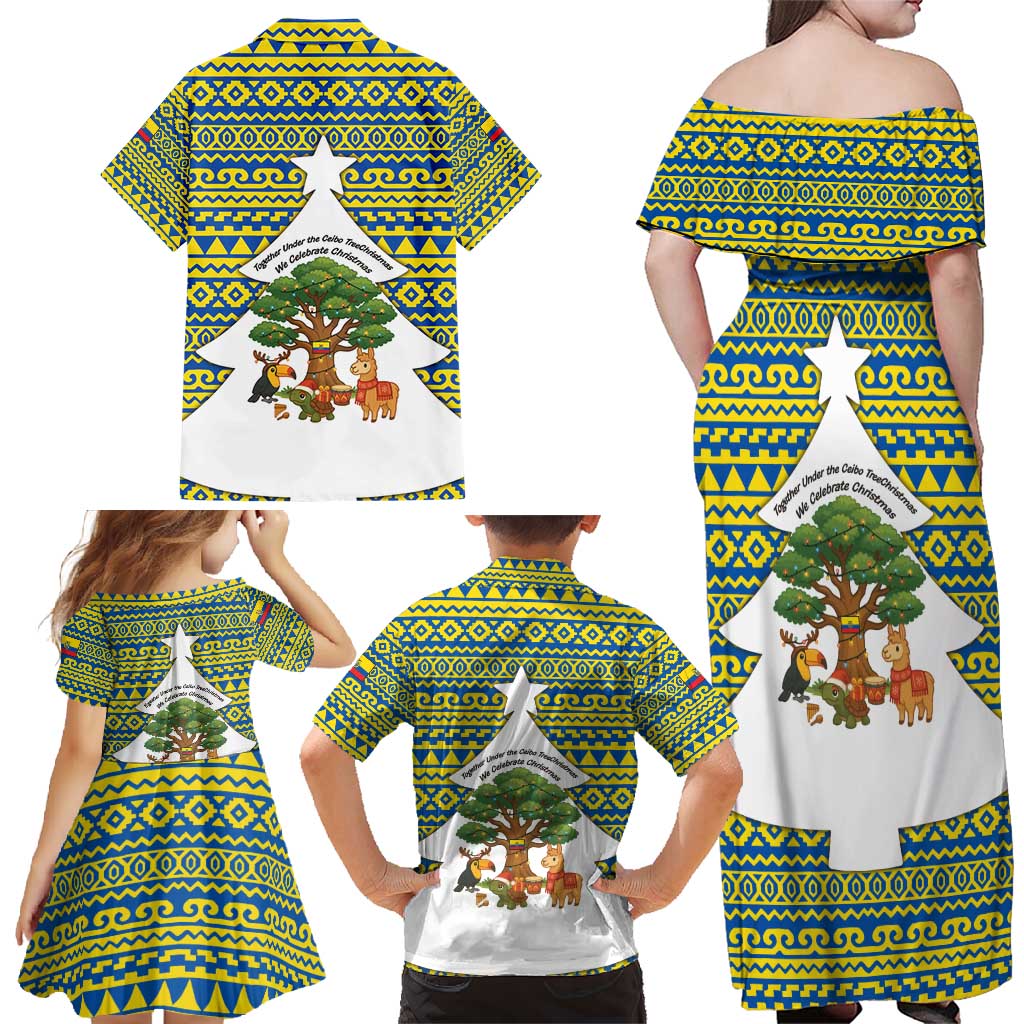 Ecuador Christmas Family Matching Off Shoulder Maxi Dress and Hawaiian Shirt with Ceibo Tree Llama Toucan and Traditional Yellow Blue Pattern Design - Wonder Print Shop