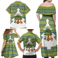 Ecuador Christmas Family Matching Off Shoulder Maxi Dress and Hawaiian Shirt with Ceibo Tree Llama Toucan and Traditional Yellow Blue Pattern Design - Wonder Print Shop
