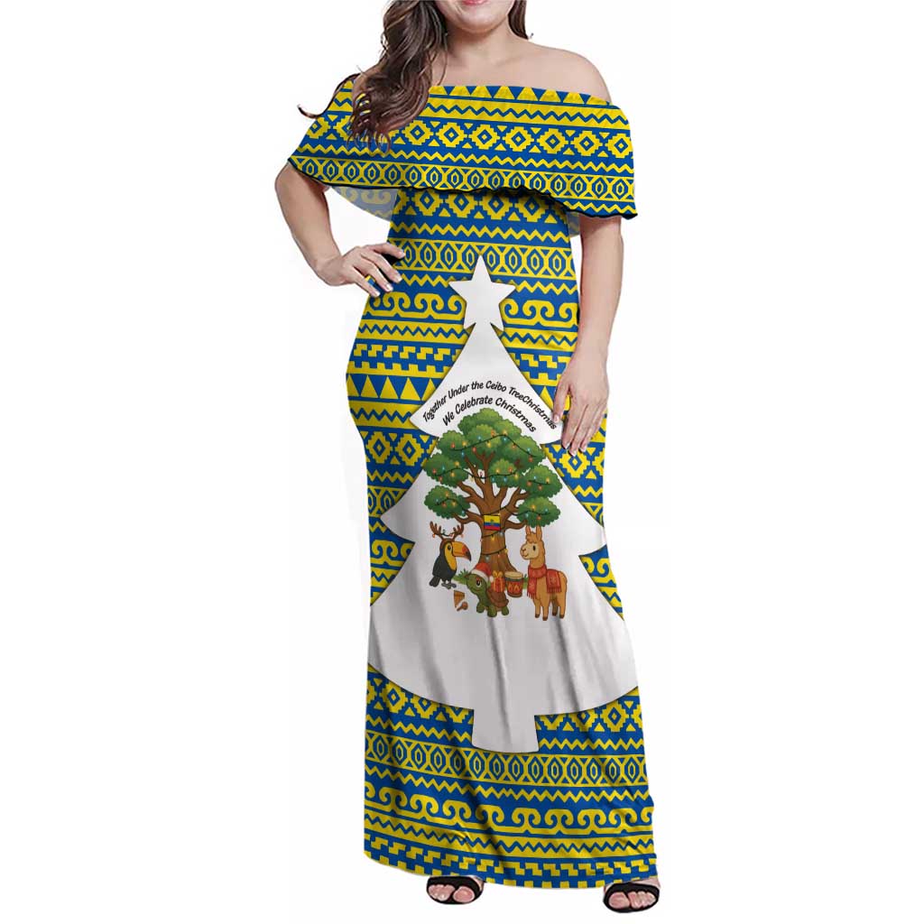 Ecuador Christmas Family Matching Off Shoulder Maxi Dress and Hawaiian Shirt with Ceibo Tree Llama Toucan and Traditional Yellow Blue Pattern Design - Wonder Print Shop