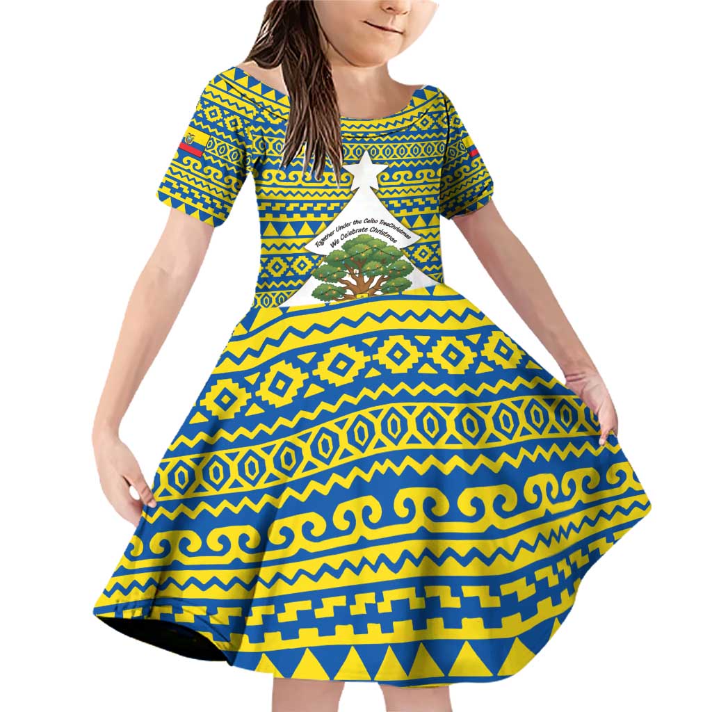 Ecuador Christmas Family Matching Off Shoulder Short Dress and Hawaiian Shirt with Ceibo Tree Llama Toucan and Traditional Yellow Blue Pattern Design - Wonder Print Shop