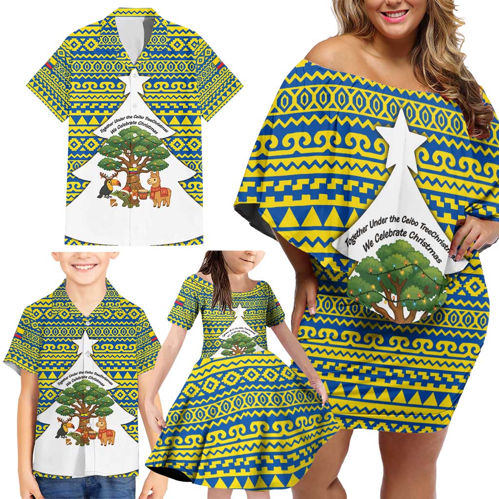 Ecuador Christmas Family Matching Off Shoulder Short Dress and Hawaiian Shirt with Ceibo Tree Llama Toucan and Traditional Yellow Blue Pattern Design - Wonder Print Shop