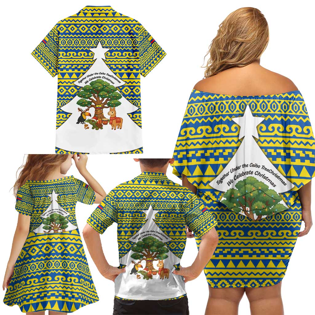 Ecuador Christmas Family Matching Off Shoulder Short Dress and Hawaiian Shirt with Ceibo Tree Llama Toucan and Traditional Yellow Blue Pattern Design - Wonder Print Shop