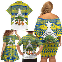 Ecuador Christmas Family Matching Off Shoulder Short Dress and Hawaiian Shirt with Ceibo Tree Llama Toucan and Traditional Yellow Blue Pattern Design - Wonder Print Shop