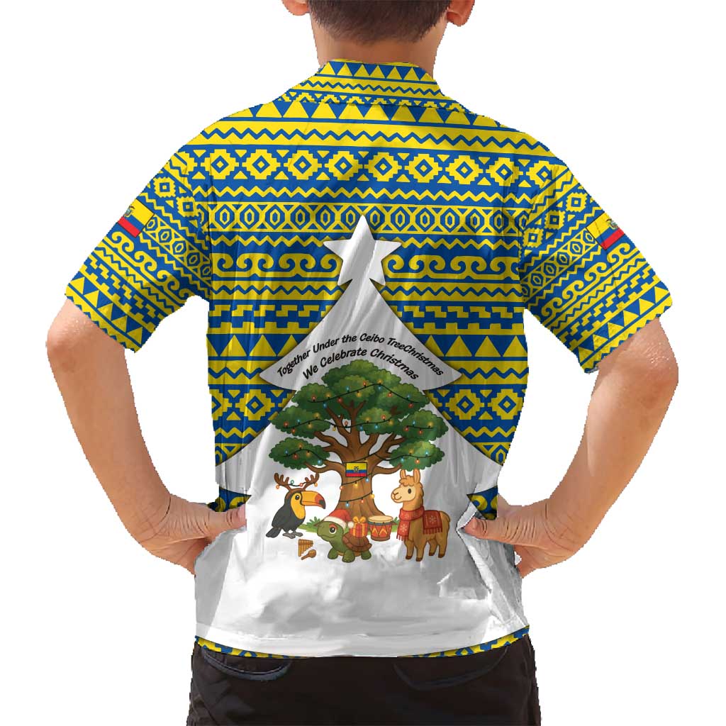 Ecuador Christmas Family Matching Puletasi and Hawaiian Shirt with Ceibo Tree Llama Toucan and Traditional Yellow Blue Pattern Design - Wonder Print Shop